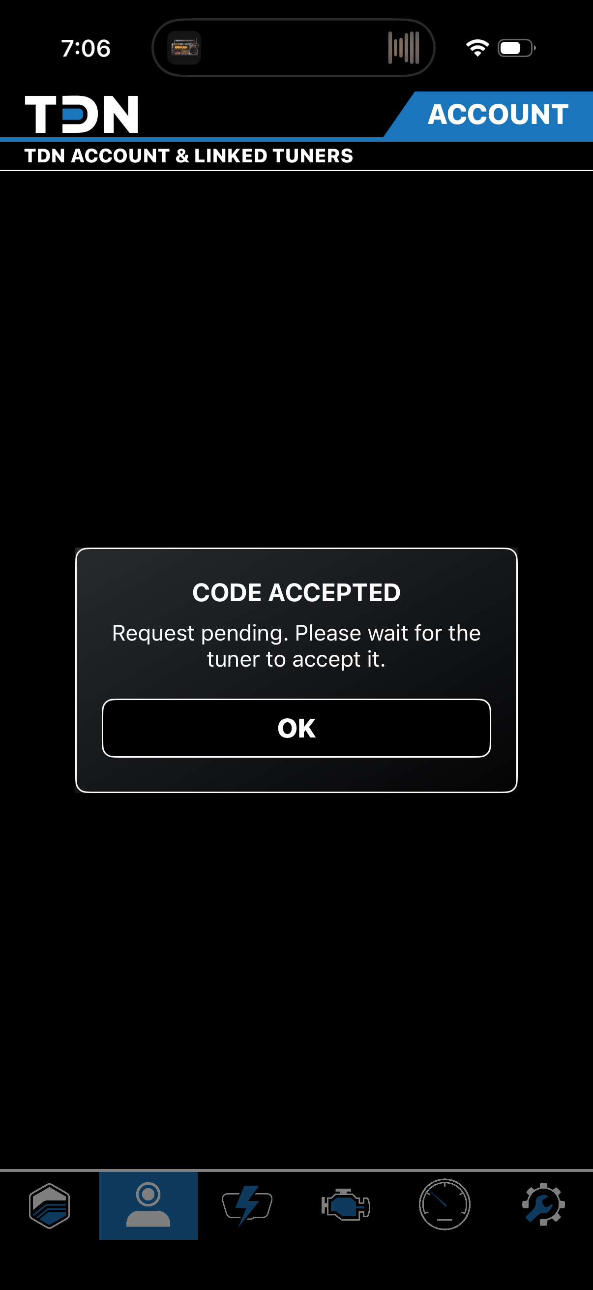 Code accepted, request pending dialog